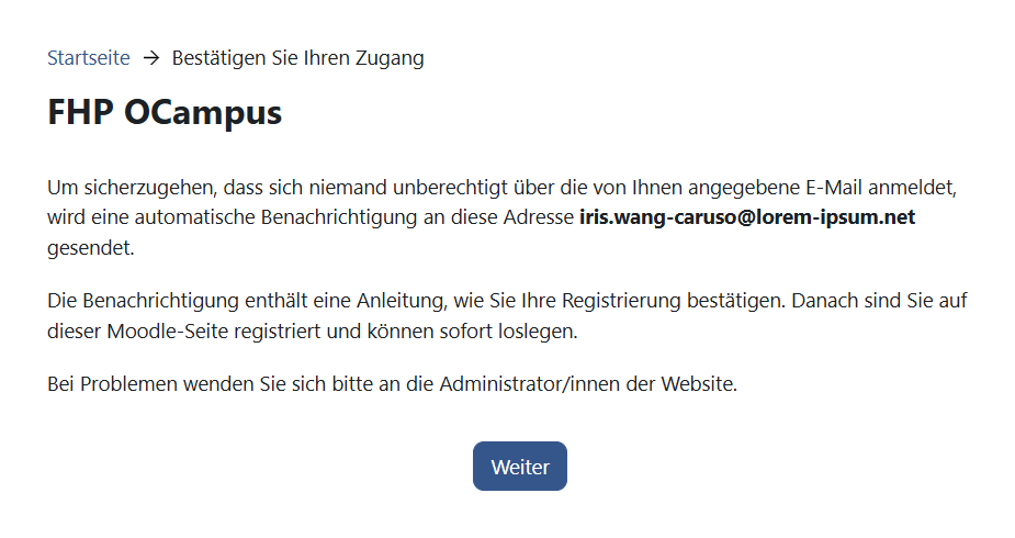 Oberfläche "Bestätigen Sie Ihren Zugang"