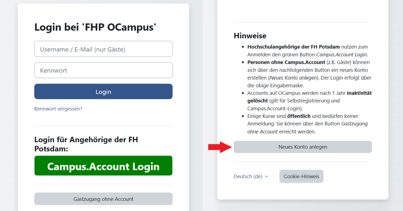 Login-Oberfläche in Moodle