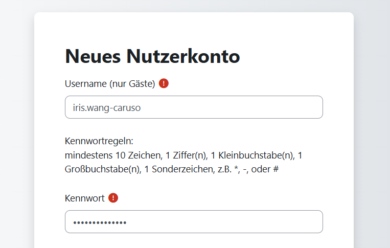 Screenshot der Oberfläche "Neues Nutzerkonto" (Username, Kennwort)
