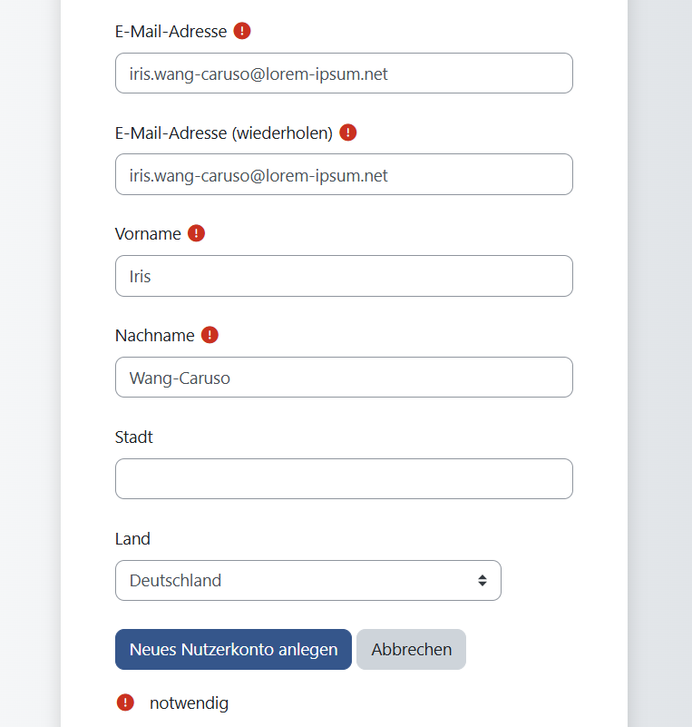 Screenshot der Oberfläche "Neues Kennwort" (E-Mail-Adresse, Vorname, Nachname, Stadt, Land)