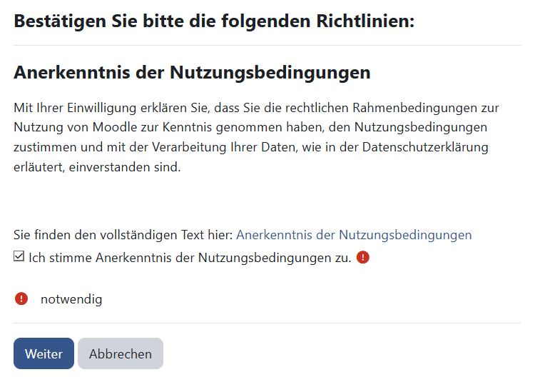 Screenshot Bestätigung der Richtlinien